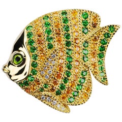 Yellow Gold Tropical Fish Tsavorite Mandarin Garnets White Diamonds Brooch