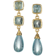 Aquamarine Blue Sugarloaf Cabochon Drop Gold Earrings