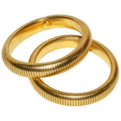Retro Forstner Unusual Pair of Gold Gaspipe Bracelets