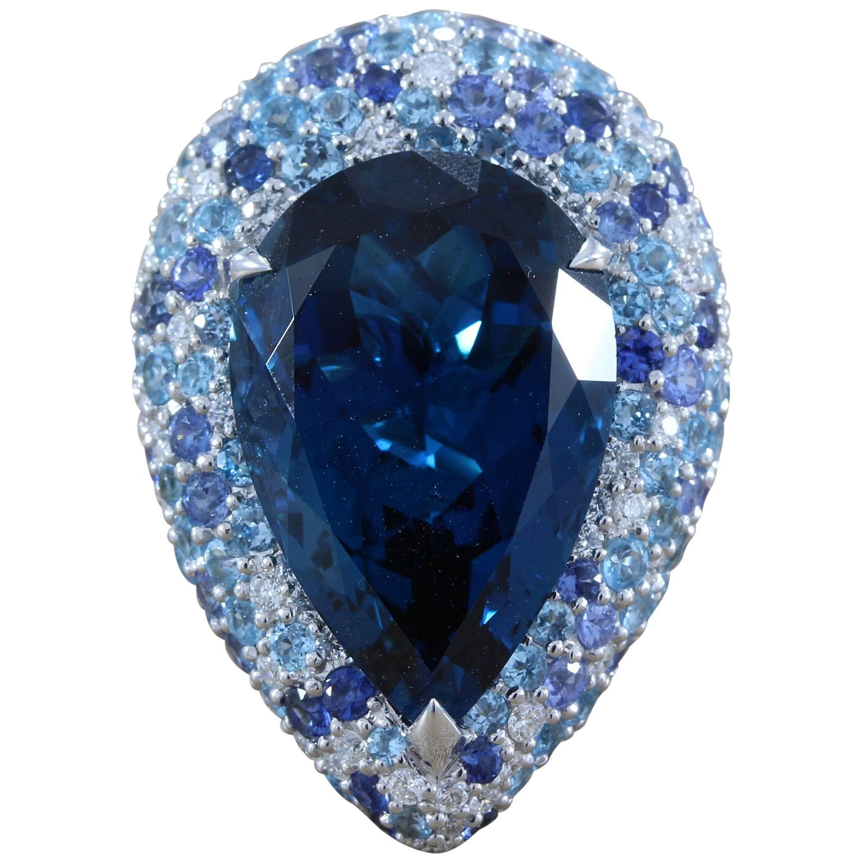 Blue Topaz Diamond Sapphire Gold Cocktail Ring