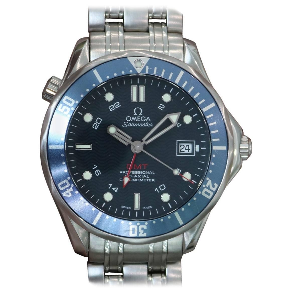 Omega Stainless Steel Seamaster Diver GMT Blue Dial Automatic Wristwatch For Sale