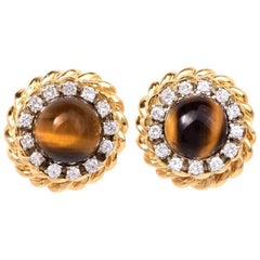 Vintage 1970 Oeil de tigre diamant clou d'oreille or