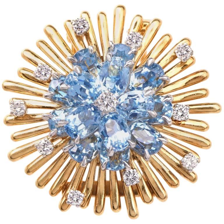 1960s Circular Diamond Aquamarine Brooch Pin