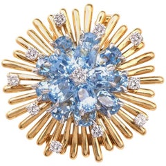 1960s Circular Diamond Aquamarine Brooch Pin