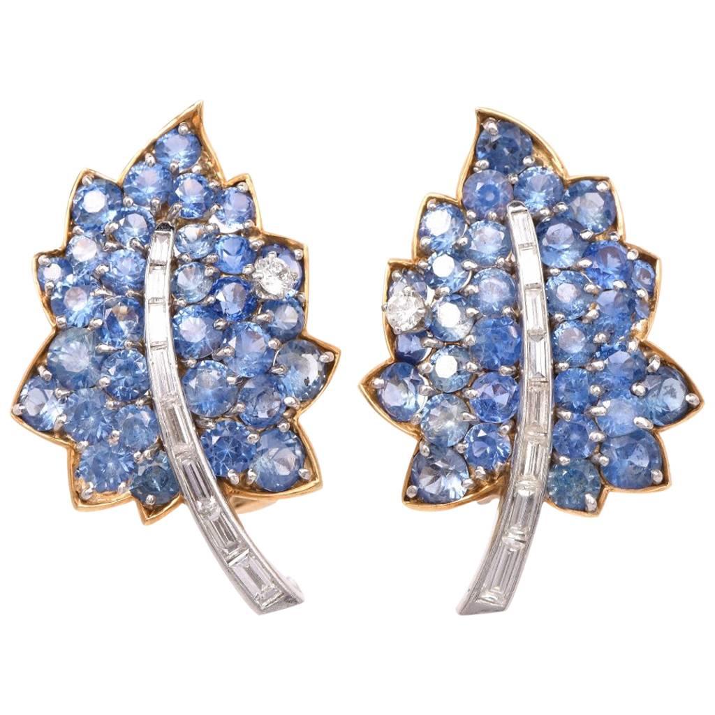 Vintage Diamond Sapphire Cluster Retro Leaves Earrings