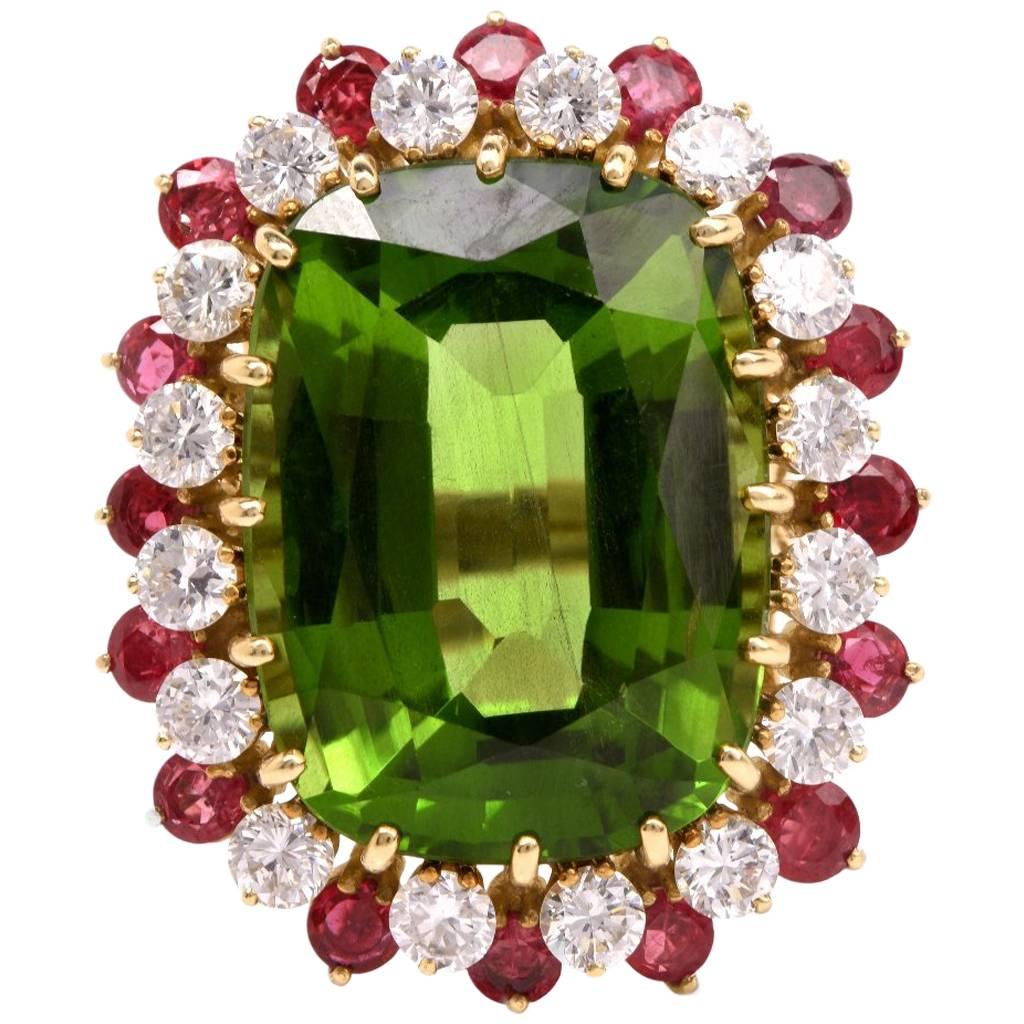  1970's Rare Green Peridot Diamond and Ruby Cocktail Ring