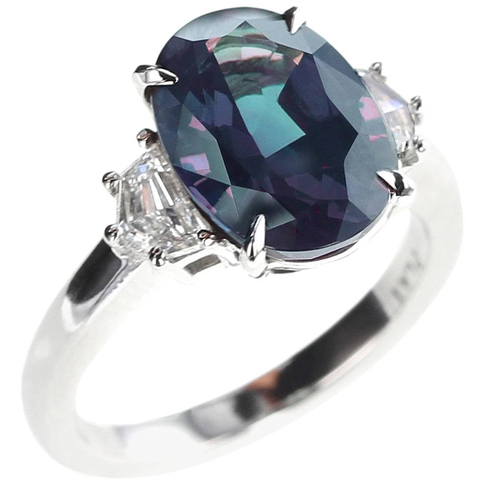 5 Carat Natural Brazil Alexandrite and Diamond Three-Stone Platinum Ring