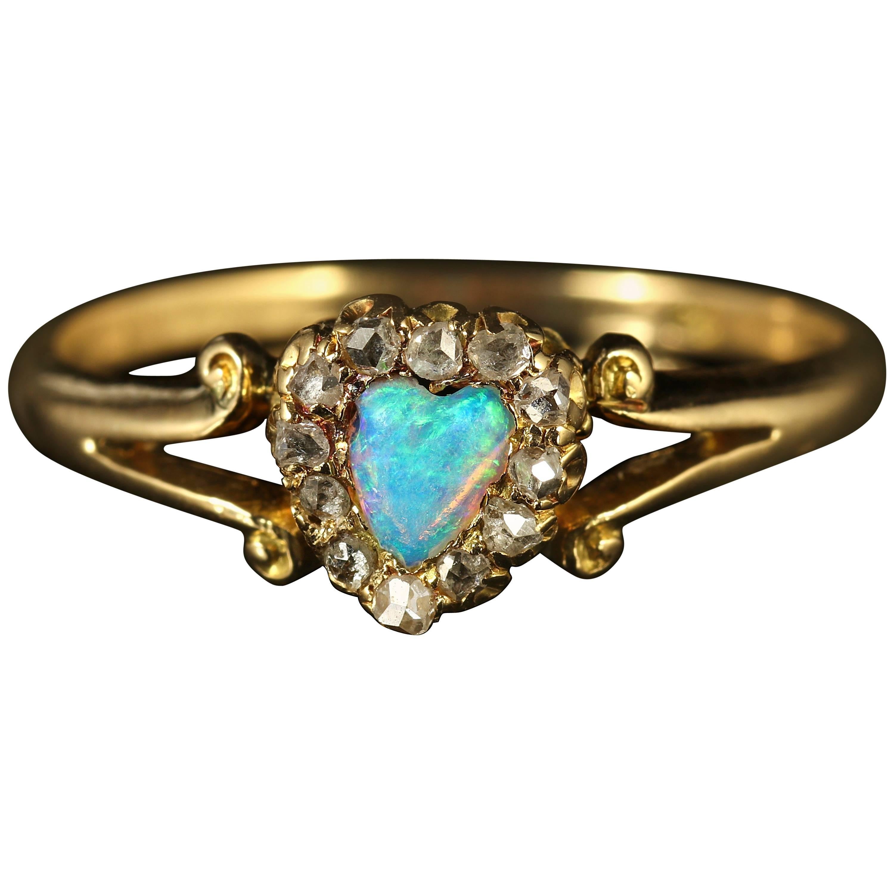 Antique Victorian Opal Diamond Heart Ring circa 1900 18 Carat Gold