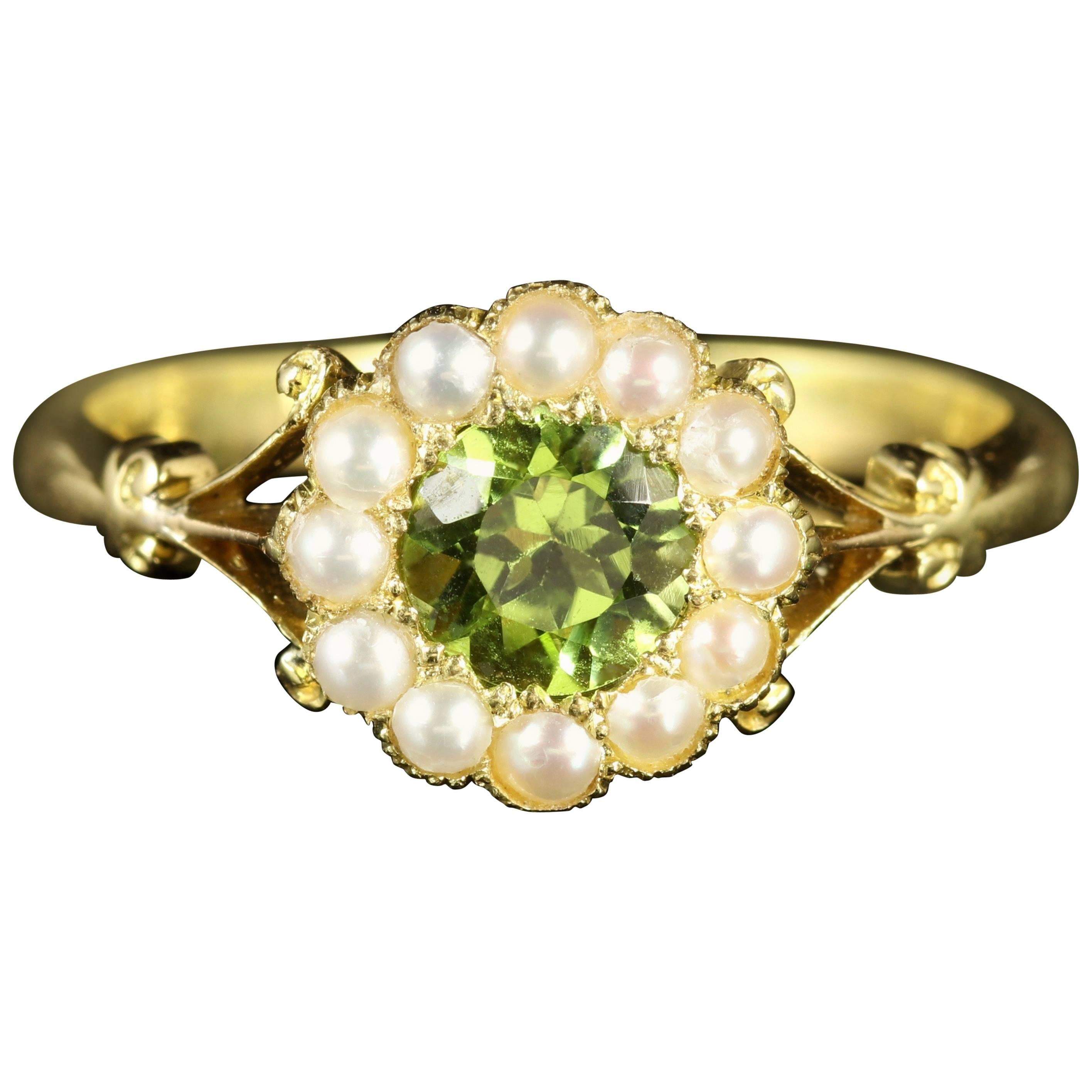 Antique Victorian Peridot and Pearl Ring 18 Carat Gold