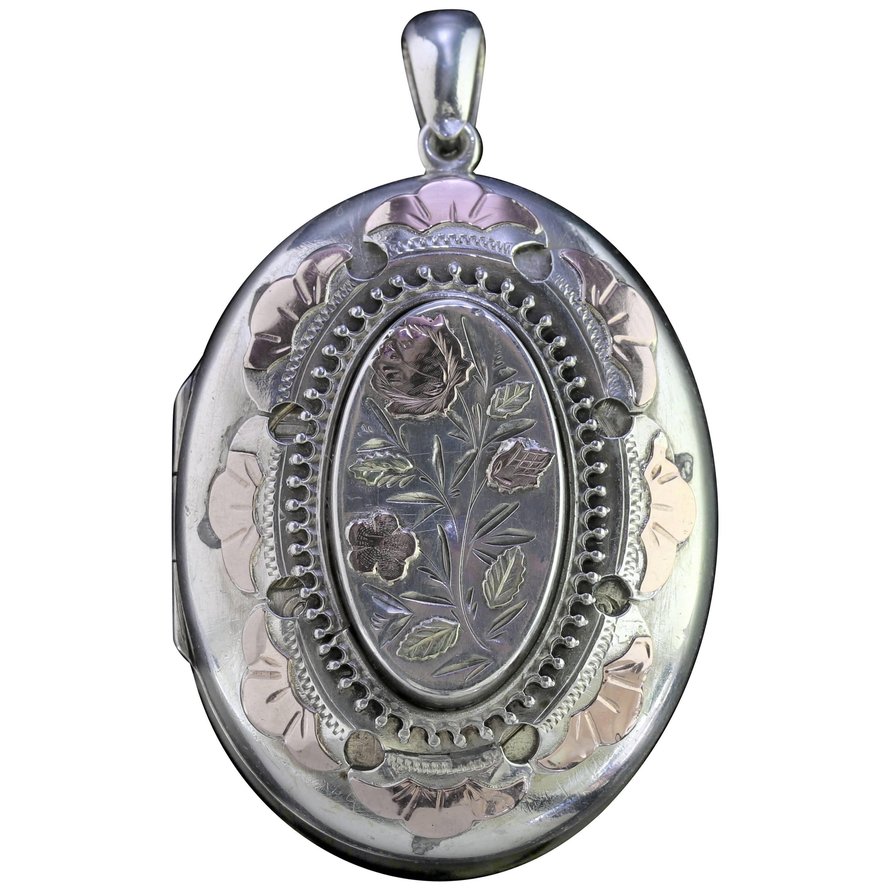 Antique Victorian Large Silver Locket Forget Me Not and Ivy, circa 1880