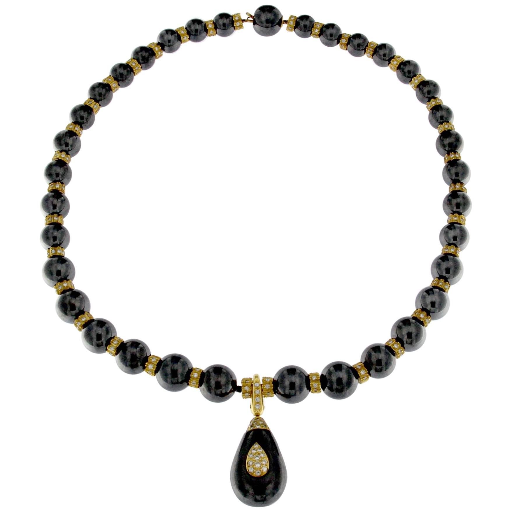 Hematite Beads Necklace in 18 Karat Gold and White Diamonds For Sale