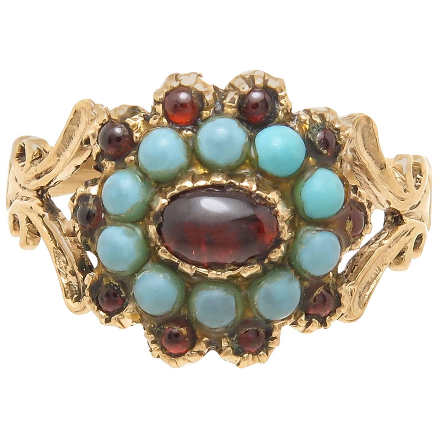 Georgian Gold Garnet and Turquoise Ring