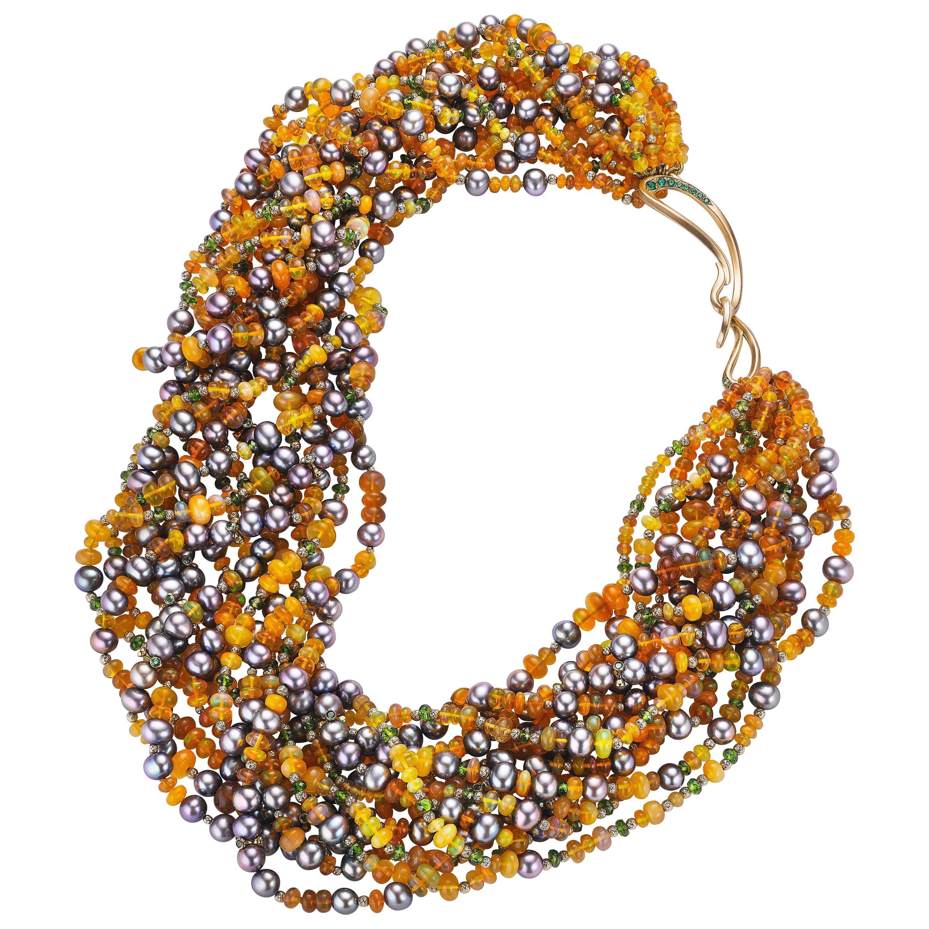 Naomi Sarna Orange Opal, Black Pearl, Chrome Diopside, Tsavorite, Gold Necklace For Sale