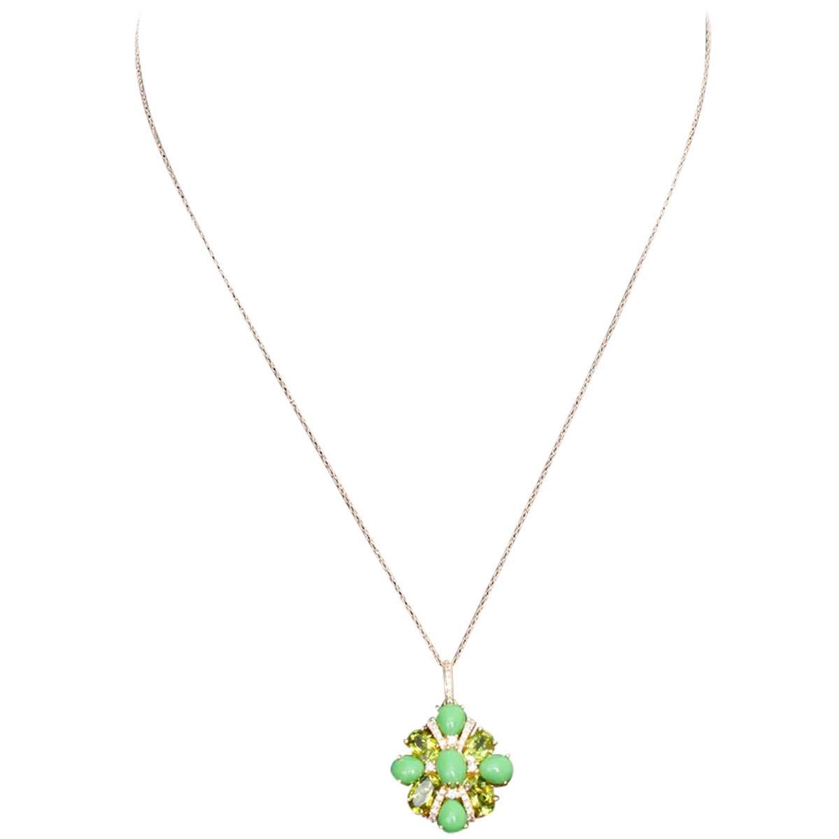 Peridot, Green Turquoise and Diamond Necklace For Sale