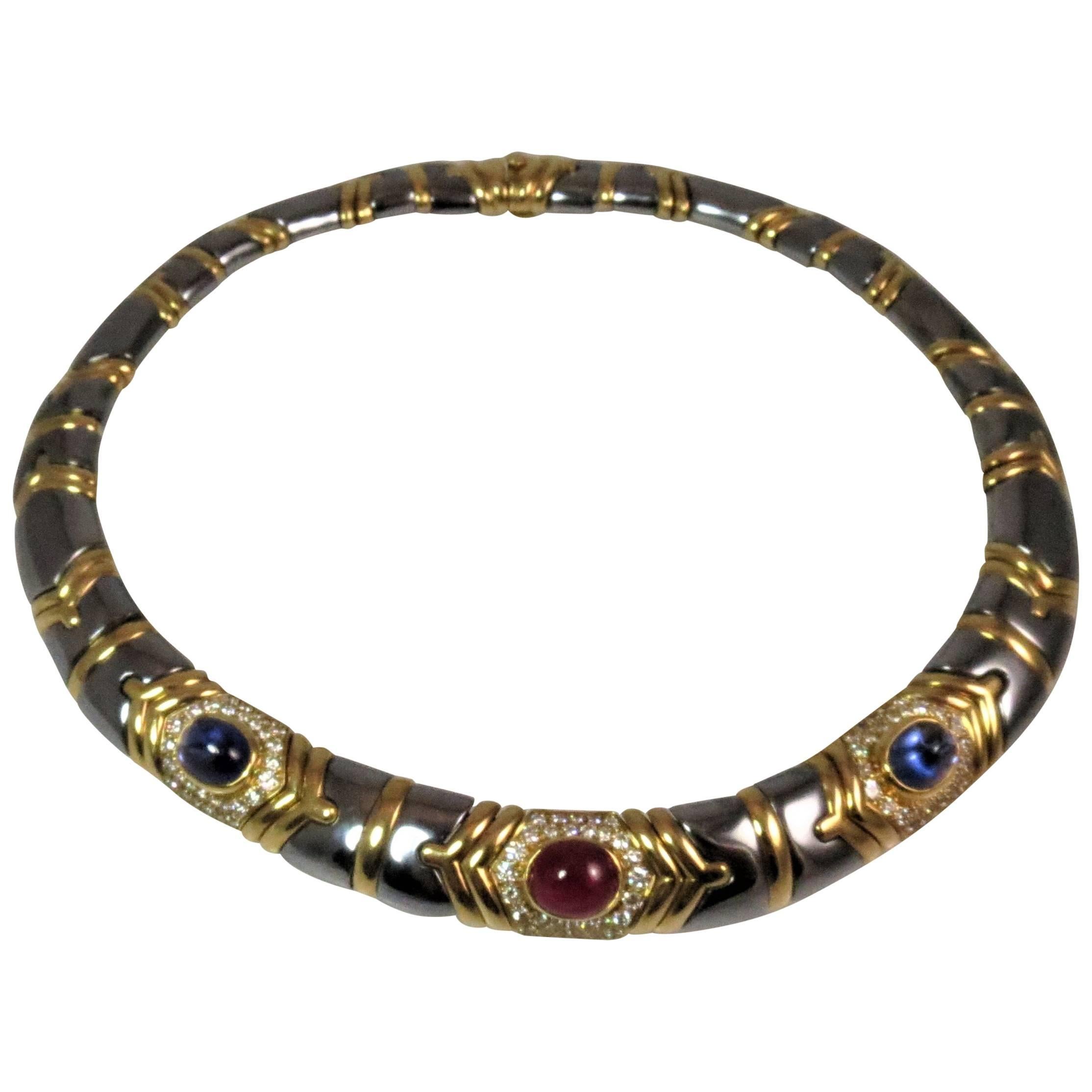 Bulgari 18 Karat Yellow Gold and Hematite Diamond, Sapphire and Ruby Necklace