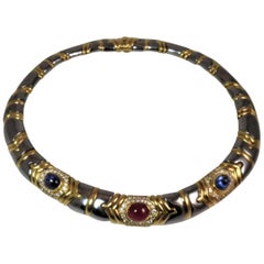 Vintage Bulgari 18 Karat Yellow Gold and Hematite Diamond, Sapphire and Ruby Necklace