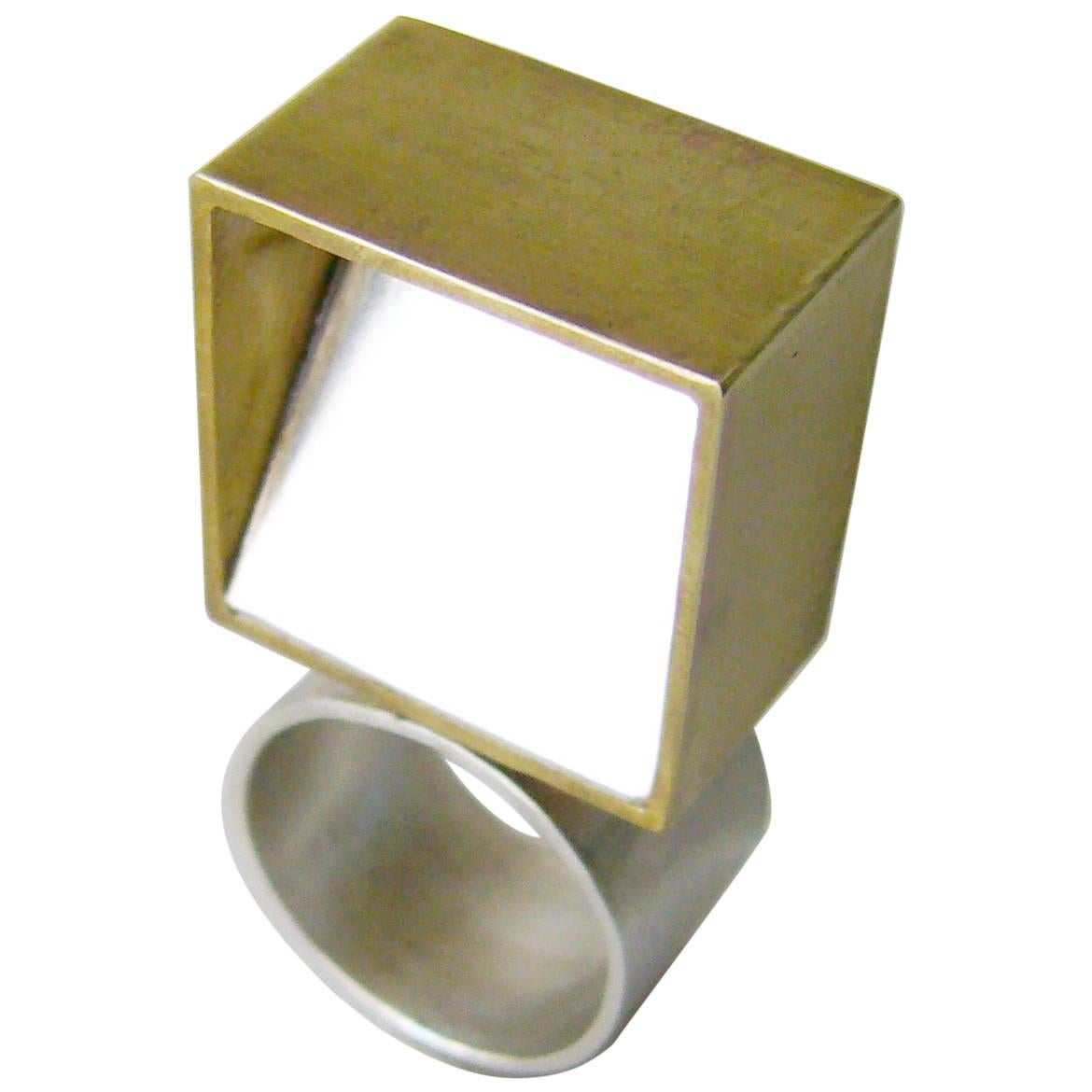 Heidi Abrahamson Sterling Silver Brass Cubist Geometric Ring For Sale
