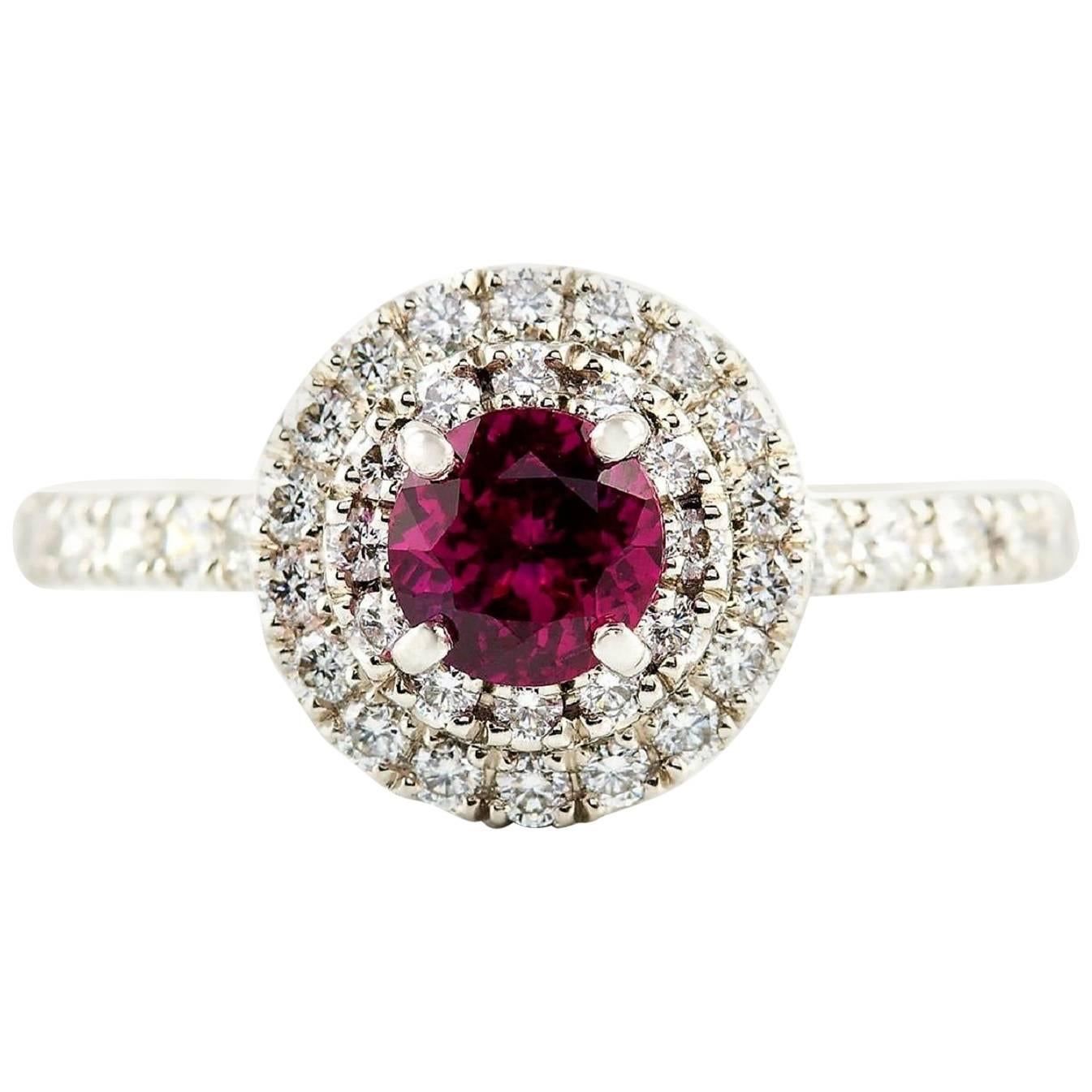 Kian Design Platinum 0.68 Carat Round Ruby Diamond Double Halo Engagement Ring For Sale