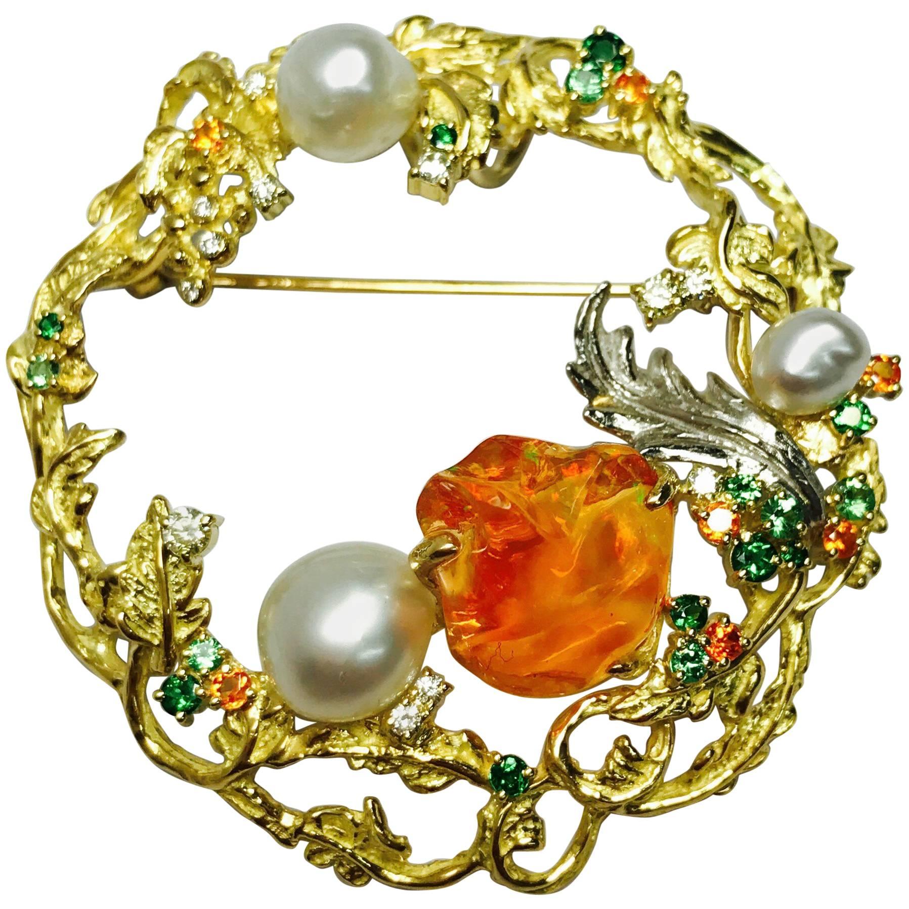 Matsuzaki K18 Fire Opal South Sea Pearl Green Garnet Diamond Botanical Brooch For Sale