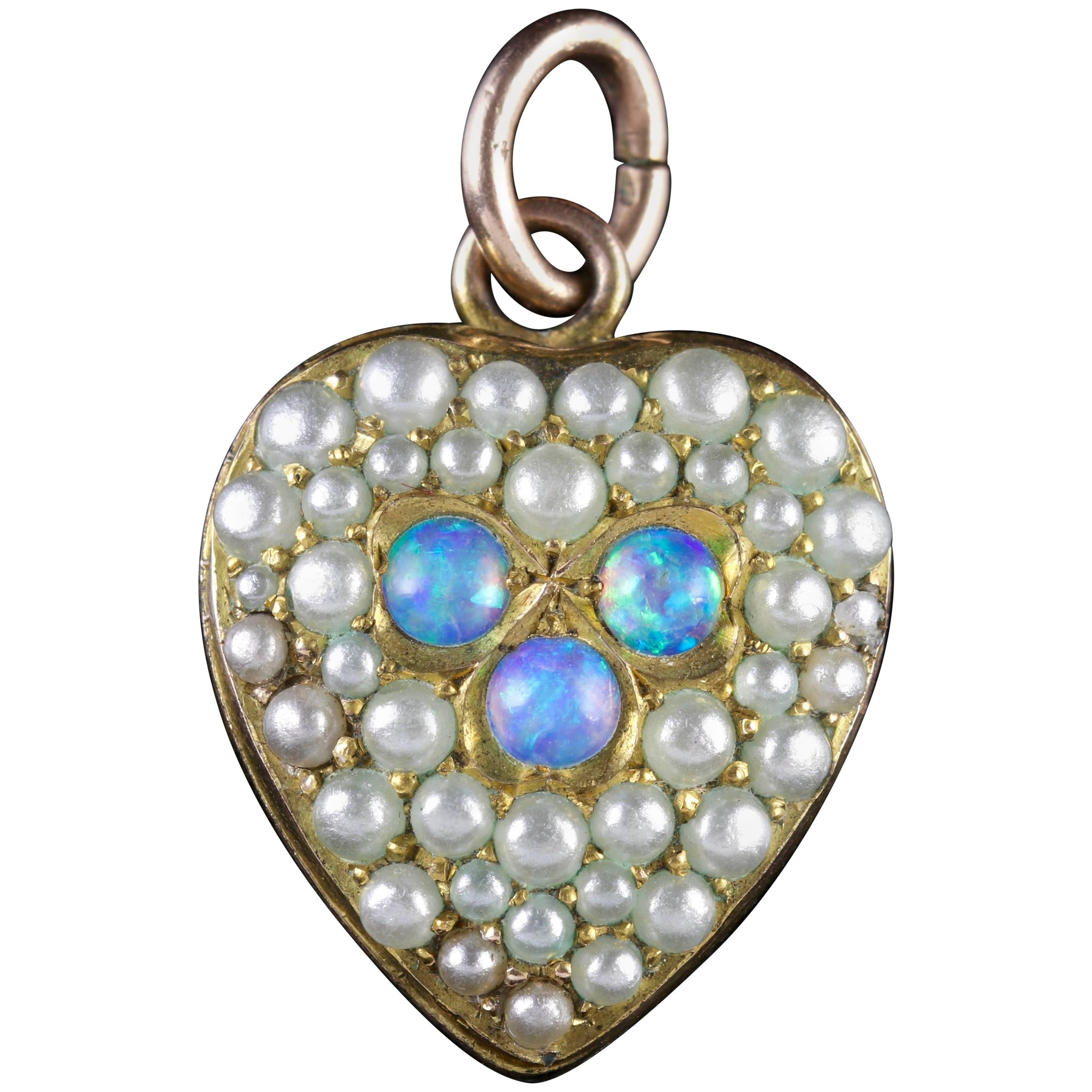 Antique Victorian Opal Pearl Heart Pendant, circa 1890
