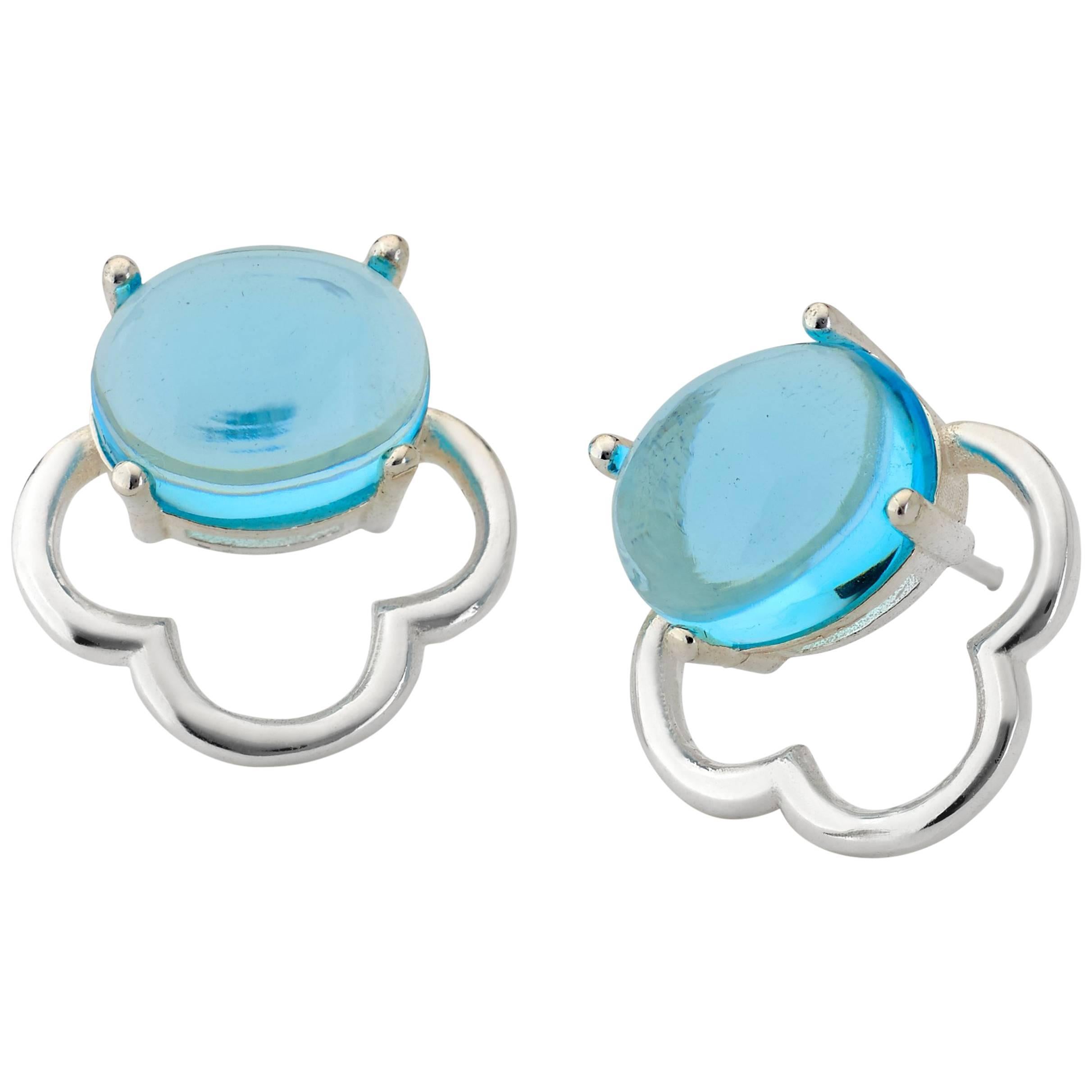 18kt Rhodium silver Vermeil Aqua Blue Quartz classic feminine stud Earrings For Sale