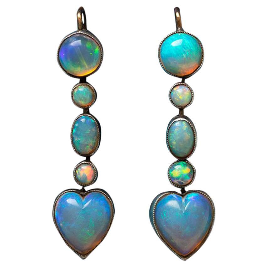 Edwardian Opal Heart Drop Earrings For Sale
