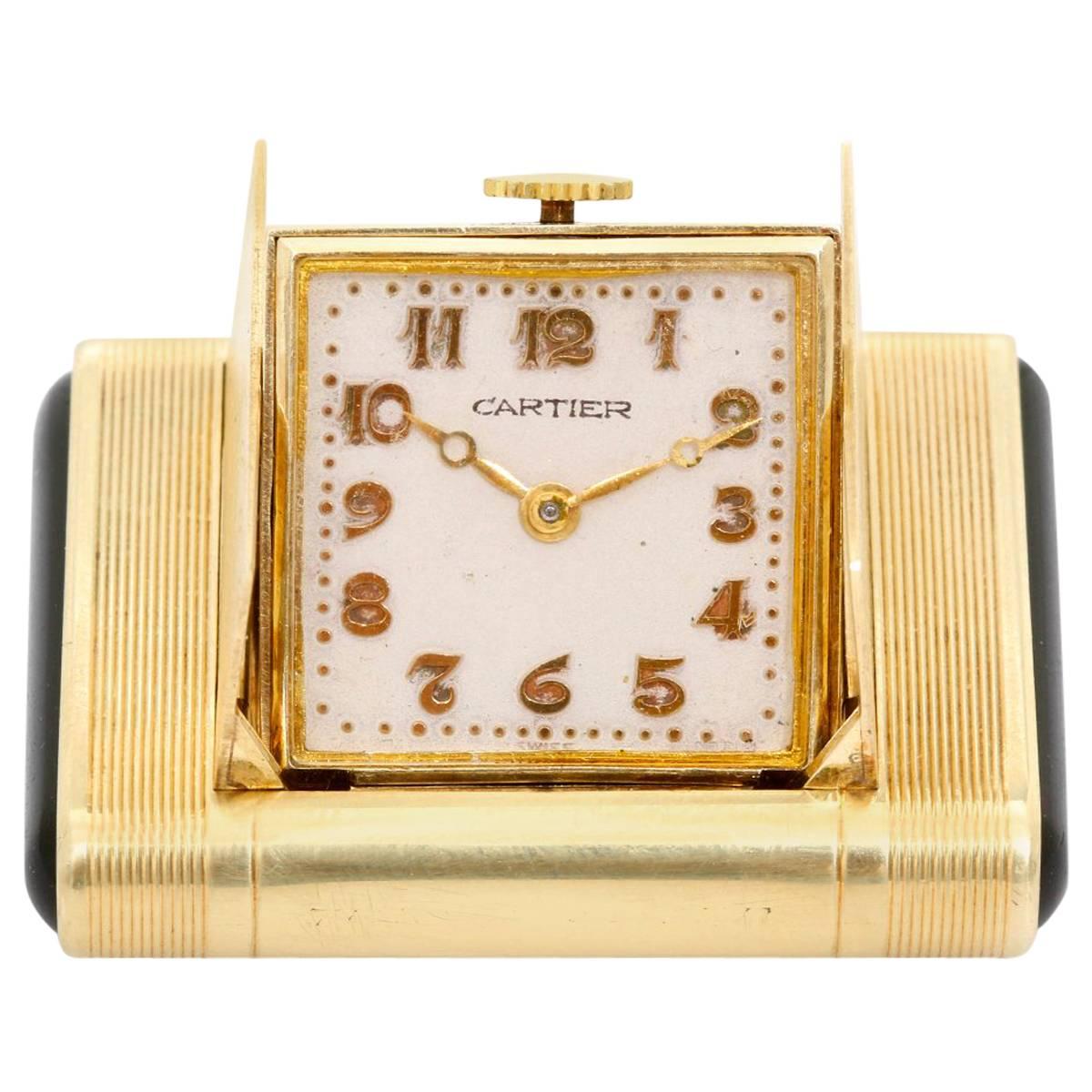 Cartier Yellow Gold Black Enamel Vintage Art Deco Manual Shutter Watch