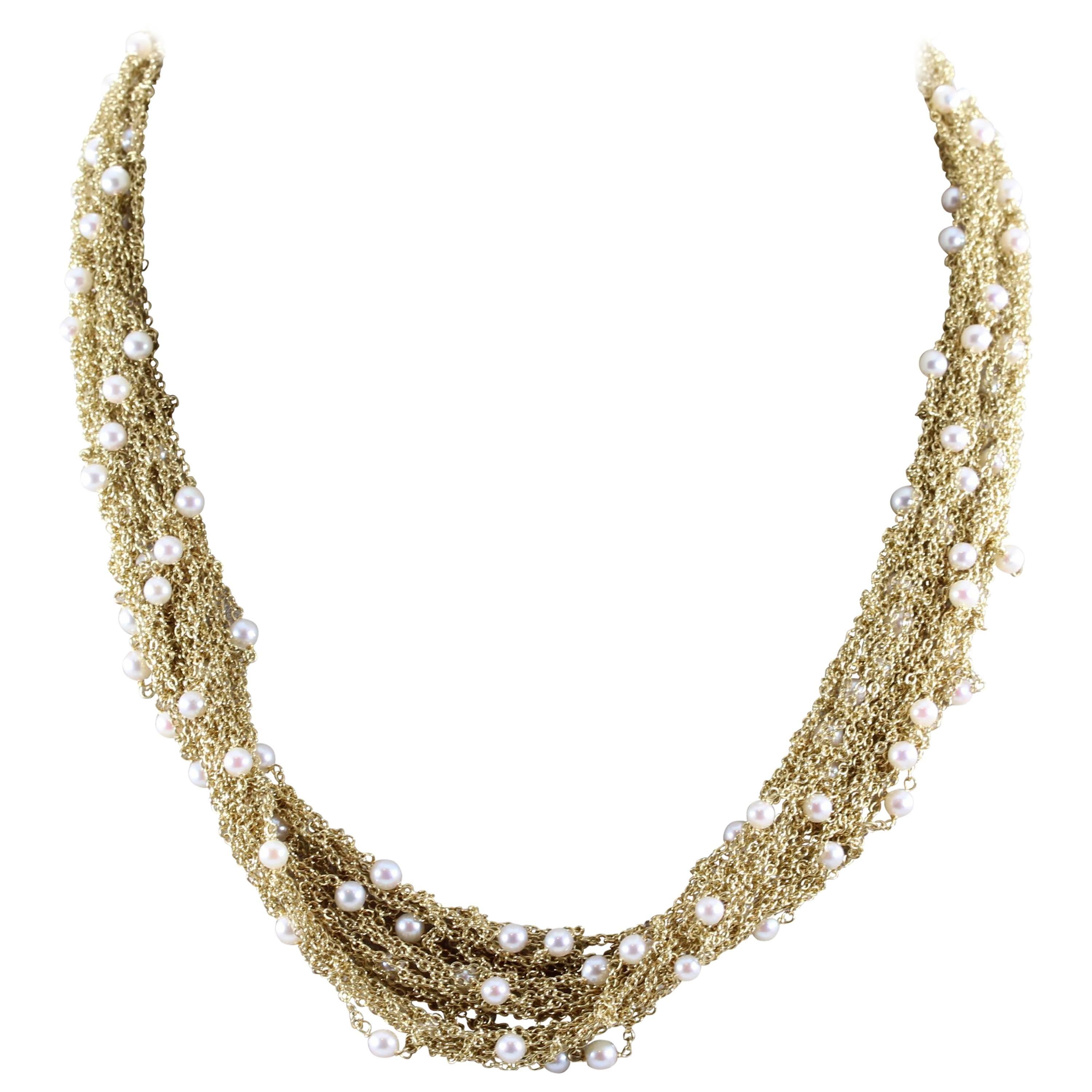 Italian Midcentury Seed Pearl Mesh Gold Necklace For Sale