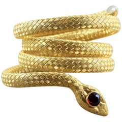 Garnet Diamond Gold Coiled Snake Wrap Bracelet