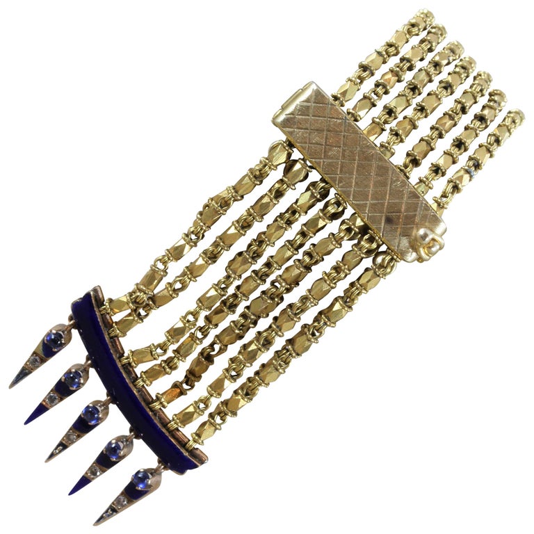 Egyptian Revival Diamond Sapphire Enamel Gold Bracelet For Sale at 1stDibs
