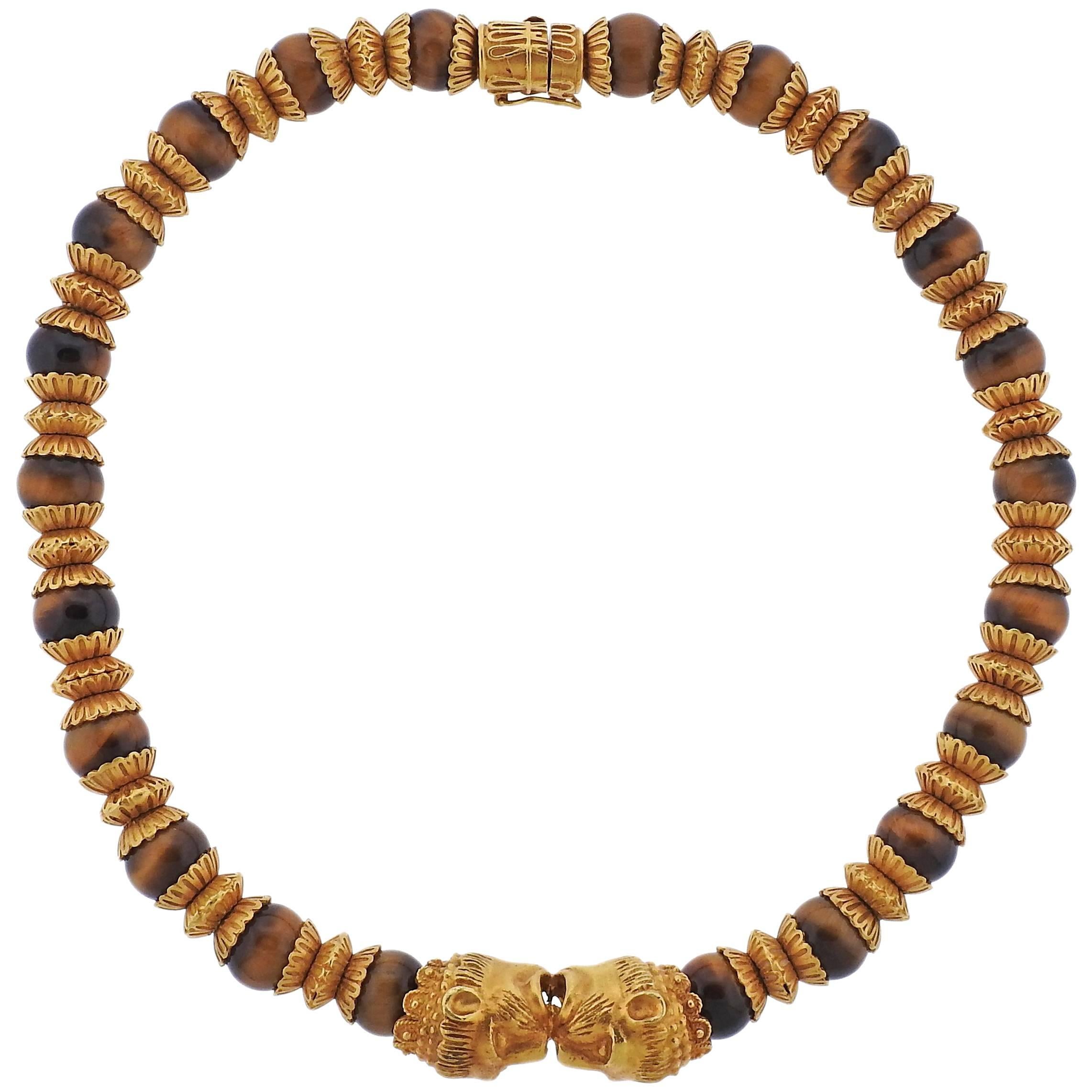 Massive Lalaounis Greece Tiger's Eye Bead Gold Necklace