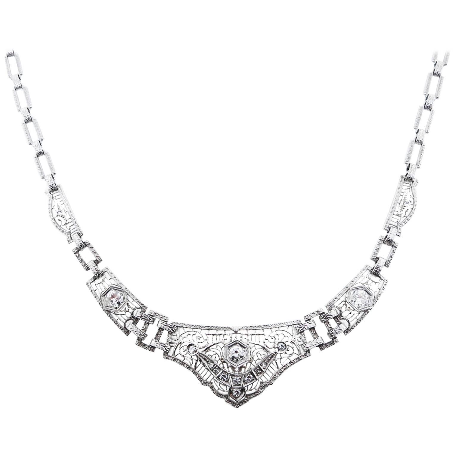 Unique Art Deco Platinum and 14kt. Diamond Filigree Necklace