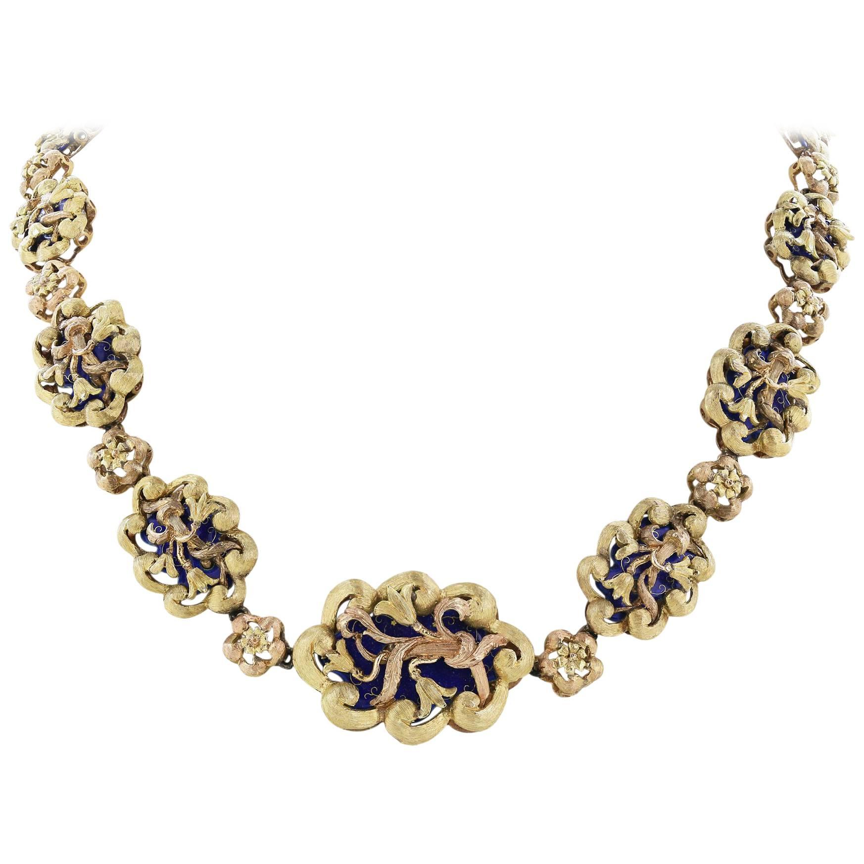 Blue Enamel 18 Karat Yellow and Rose Gold Ornate Necklace