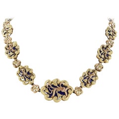 Blue Enamel 18 Karat Yellow and Rose Gold Ornate Necklace