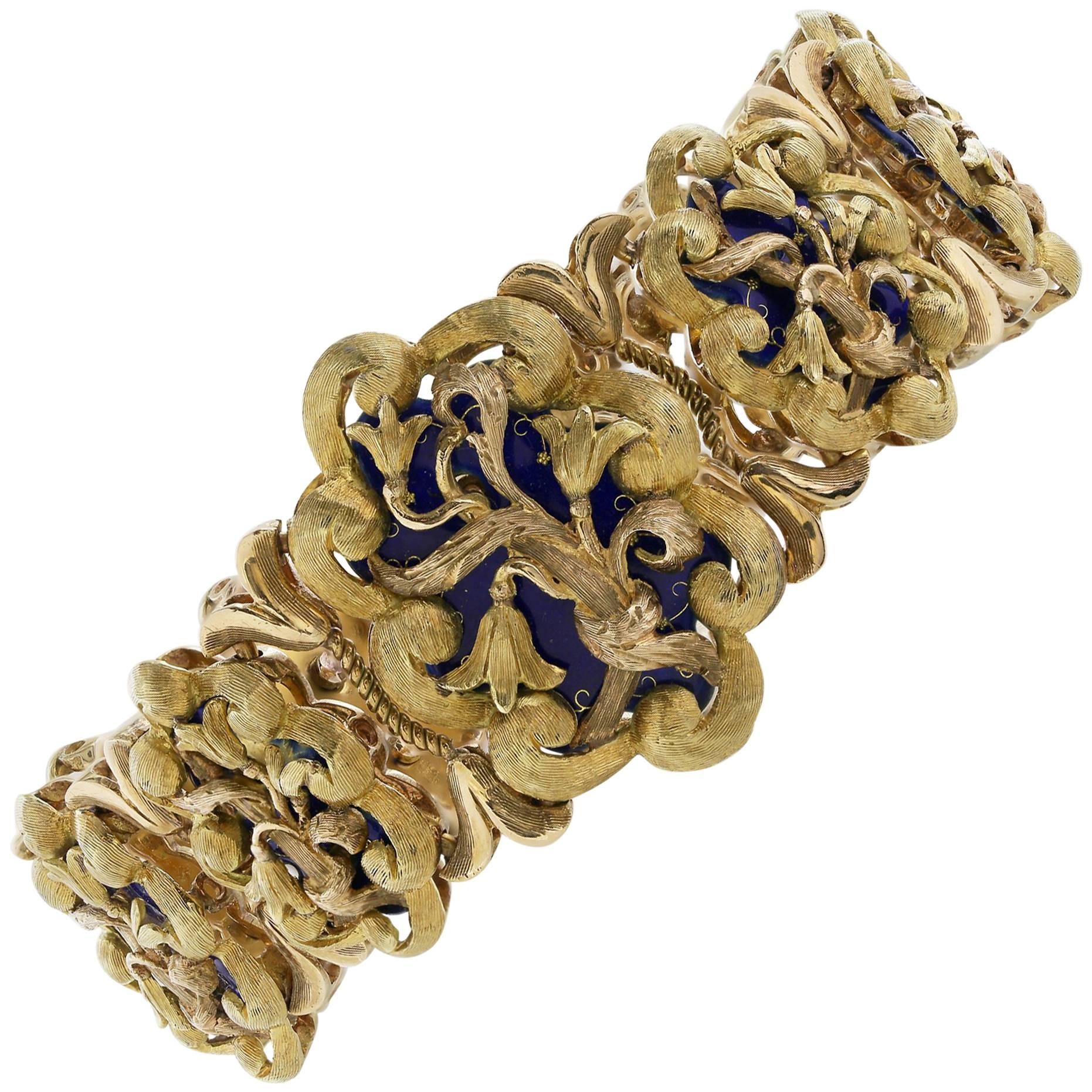Blue Enamel 18 Karat Yellow and Rose Gold Ornate Bracelet