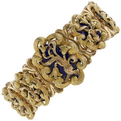 Vintage Blue Enamel 18 Karat Yellow and Rose Gold Ornate Bracelet