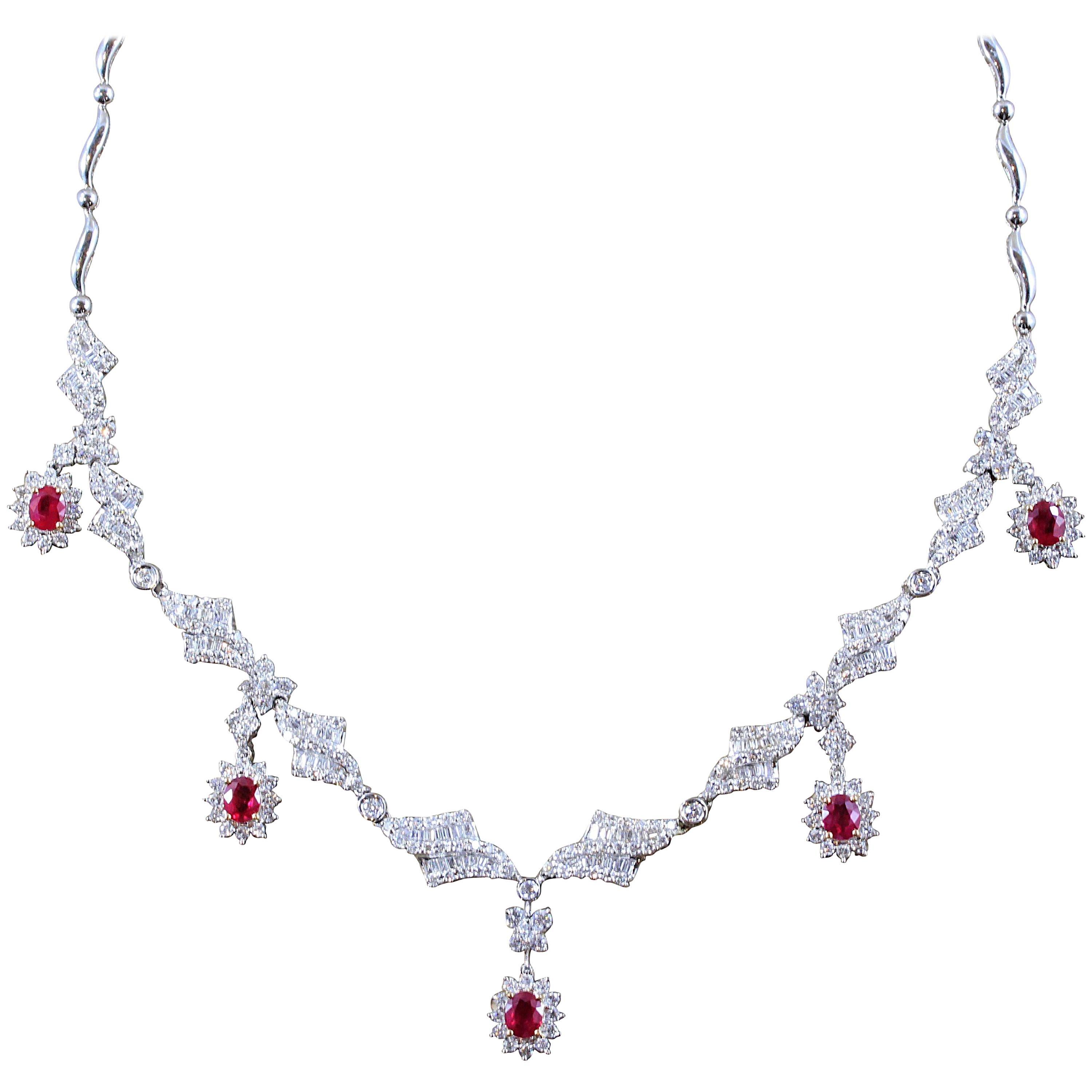 Ruby Diamond Gold Evening Drop Necklace For Sale