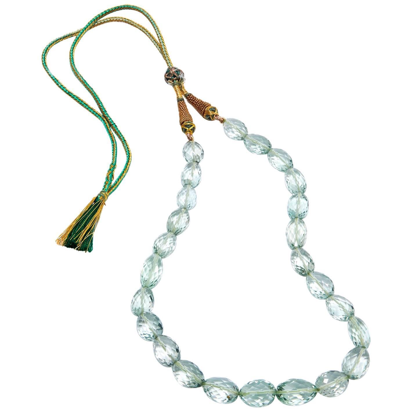 278.73 Carat Sea Green Prasiolite Beaded Necklace with Tassels 