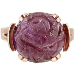 Unusual Carved Amethyst Yellow Gold Ring