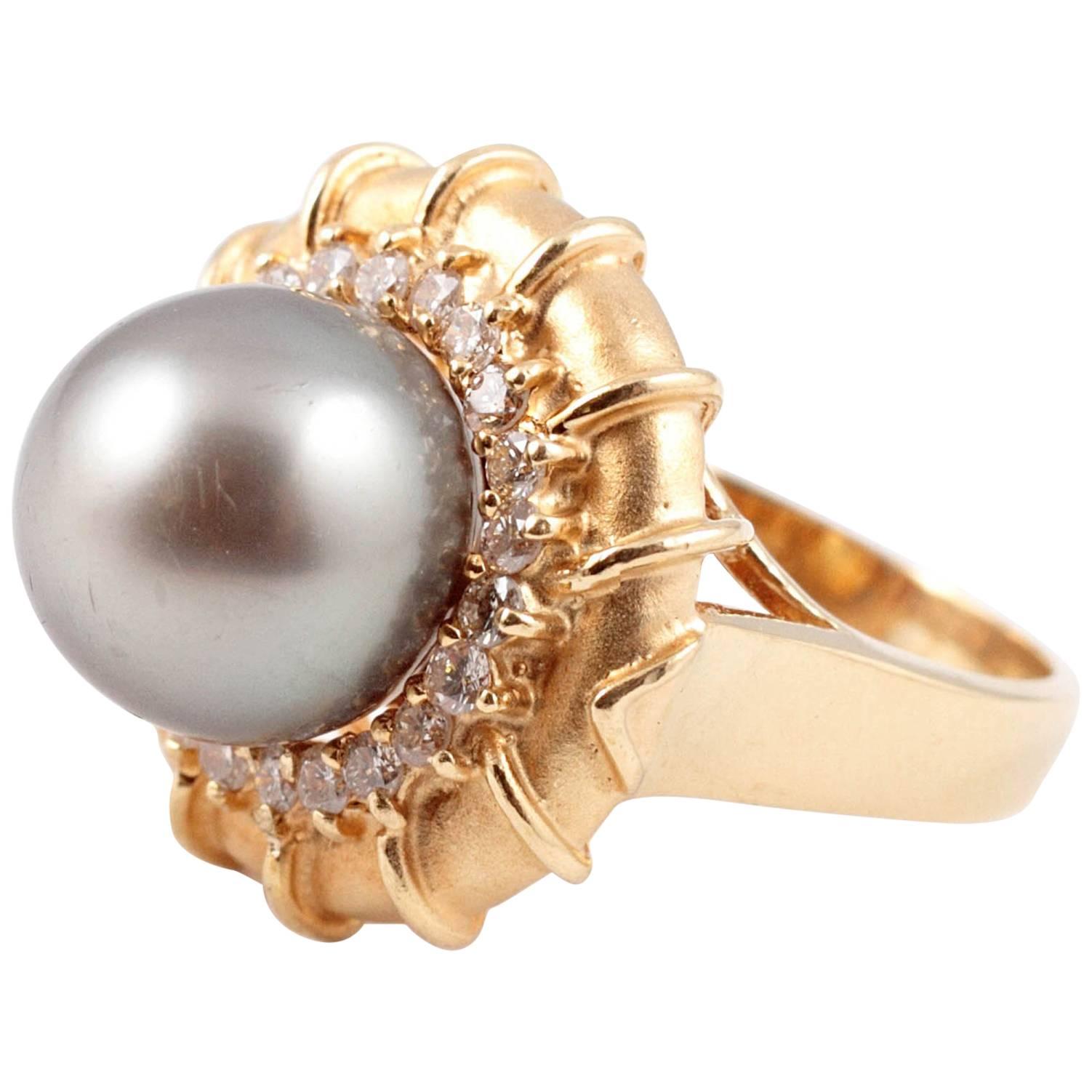 Natural Color Tahitian Pearl Diamond Ring For Sale