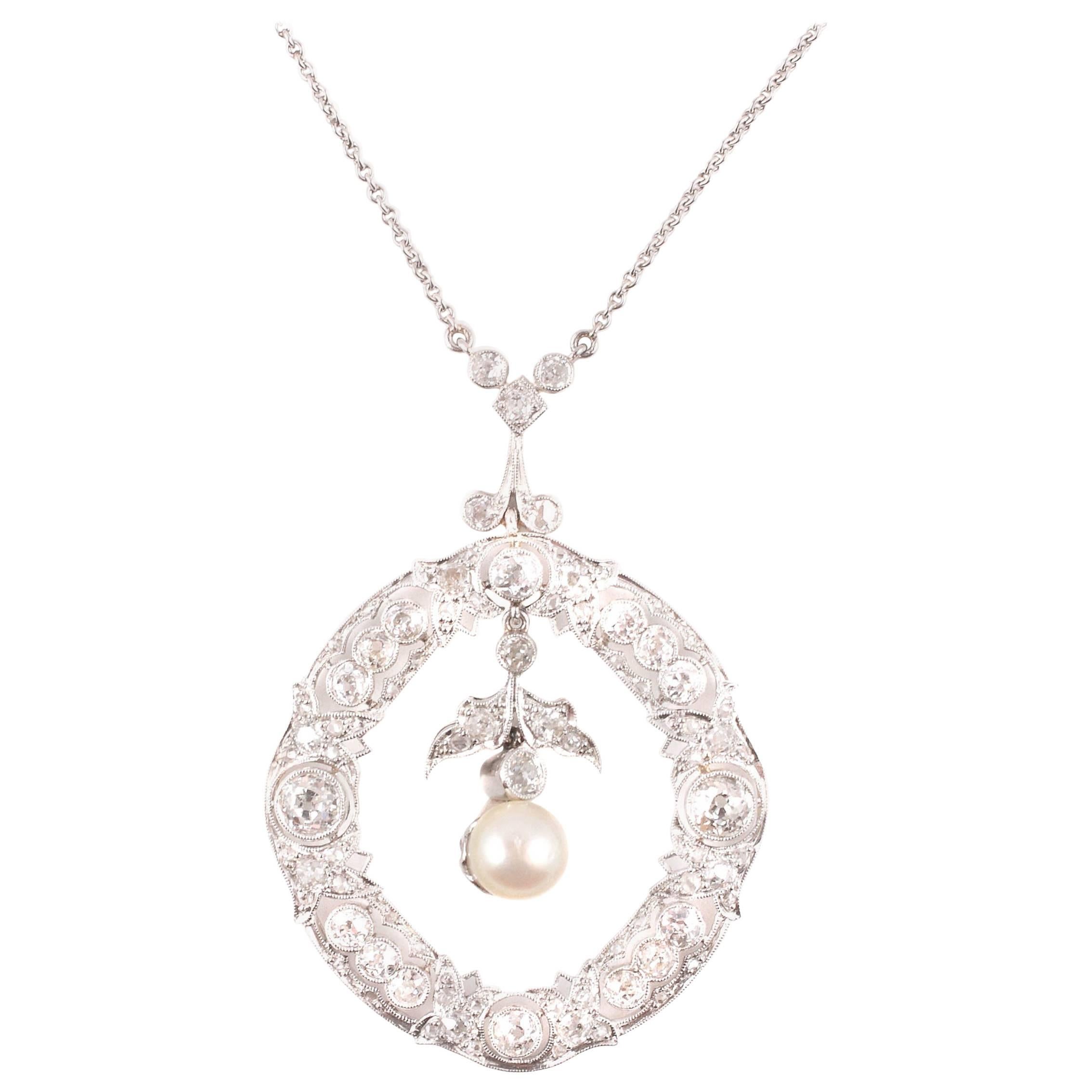 Edwardian 3.20 Carat Diamond Pearl Necklace