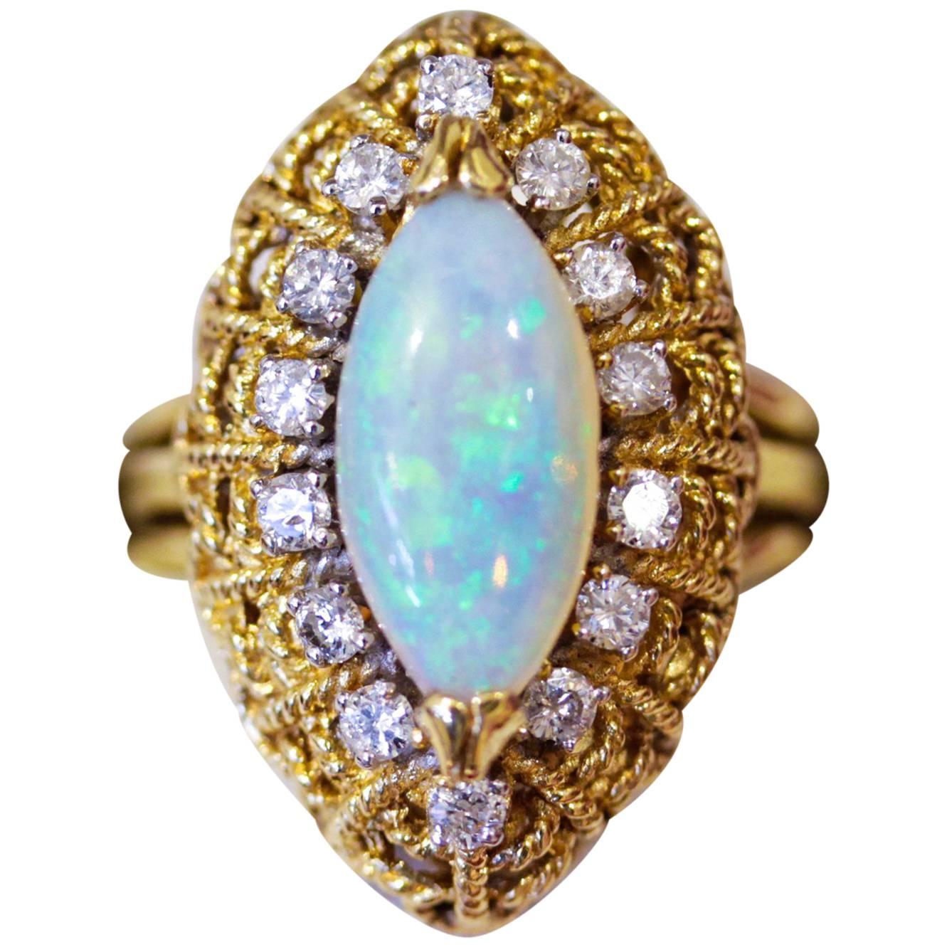 Vintage Marquise Shape Opal Diamond yellow gold Cocktail Cluster Ring  For Sale