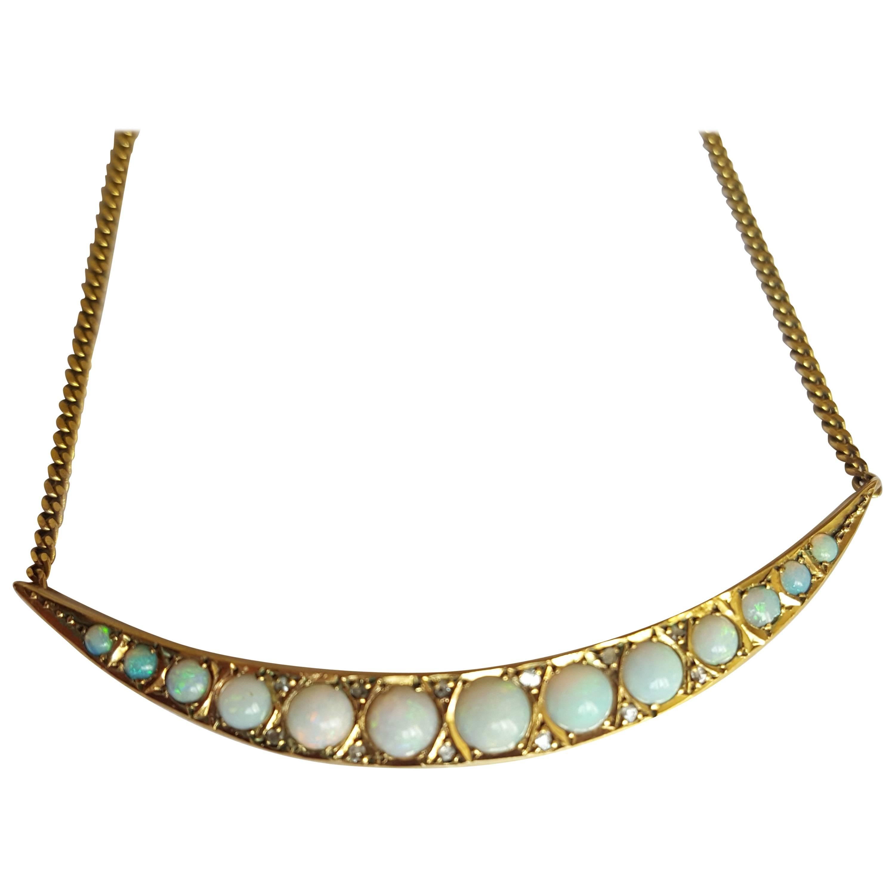 Victorian Opal Diamond Gold Crescent Moon Necklace