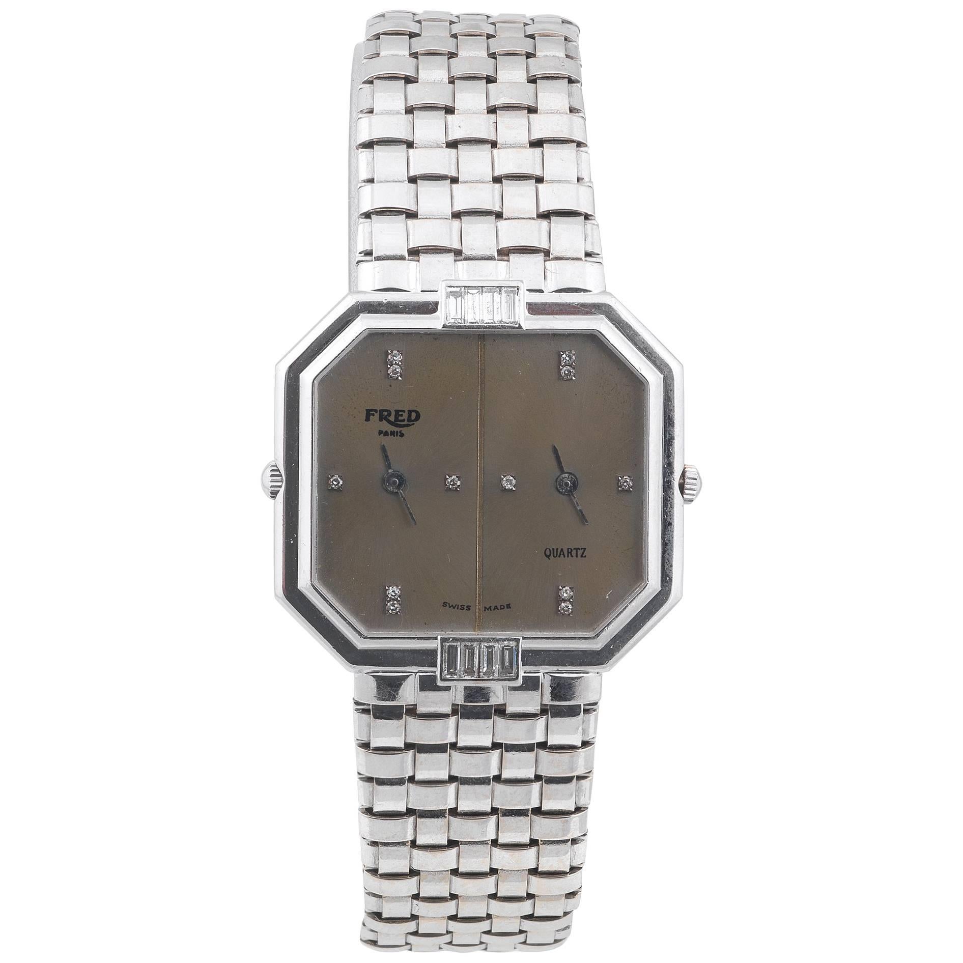 Fred White Gold Diamond Set Dual Dial Bracelet Quartz Wristwatch