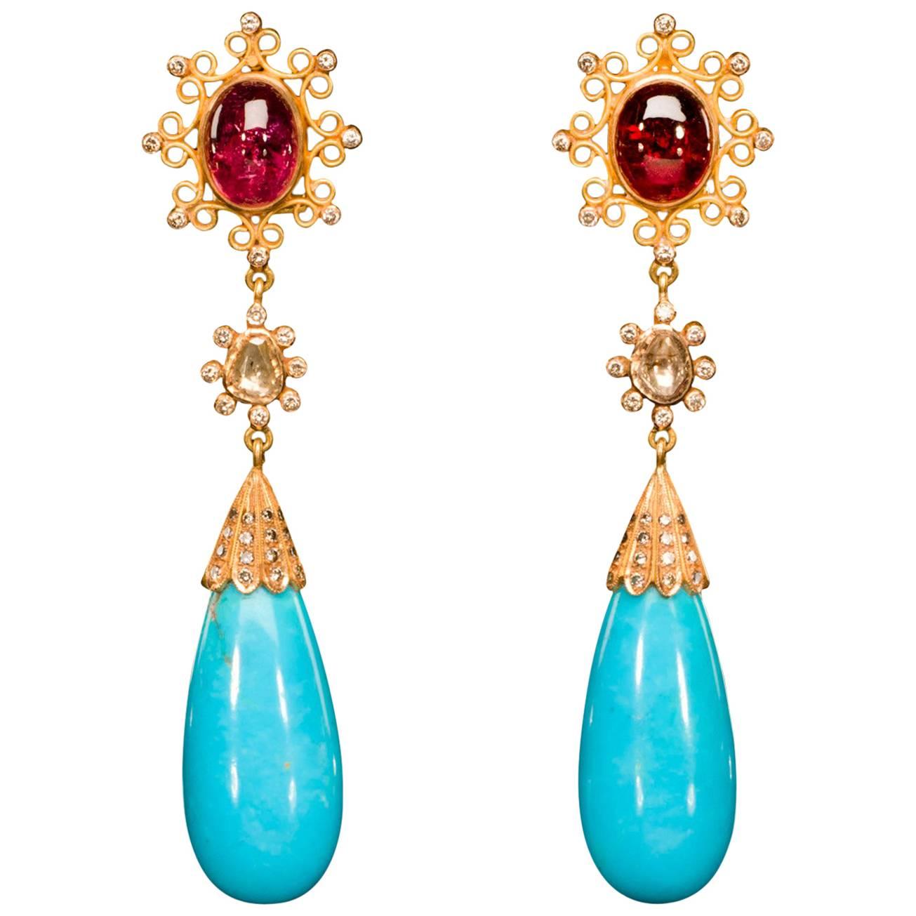 Dancing Apsara Diamond Gold Tourmaline and Turquoise Drop Earrings