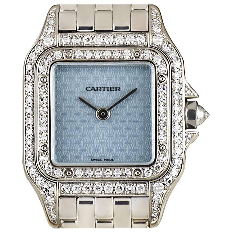 Cartier White Gold Diamond Set Panthere Blue Enamel Logo Dial Quartz Wristwatch 
