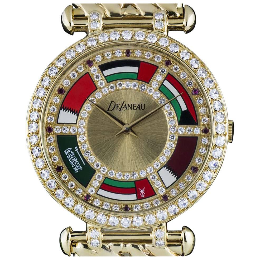 DeLaneau Yellow Gold Diamond Ruby Dial Middle Eastern Flags quartz Wristwatch