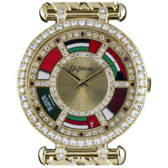 Retro DeLaneau Yellow Gold Diamond Ruby Dial Middle Eastern Flags quartz Wristwatch