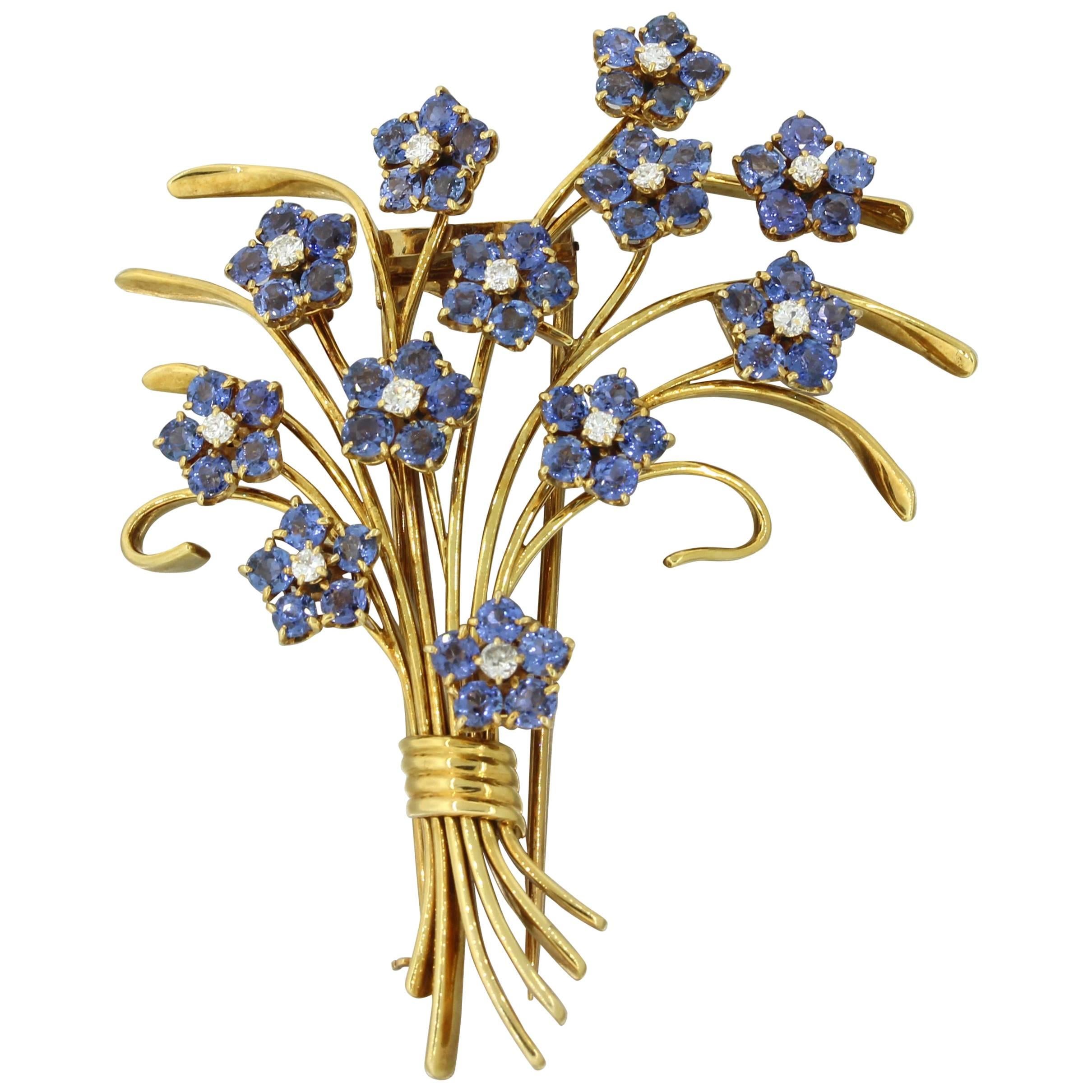 Van Cleef & Arpels Diamond Sapphire Flower Bouquet Brooch Pin For Sale