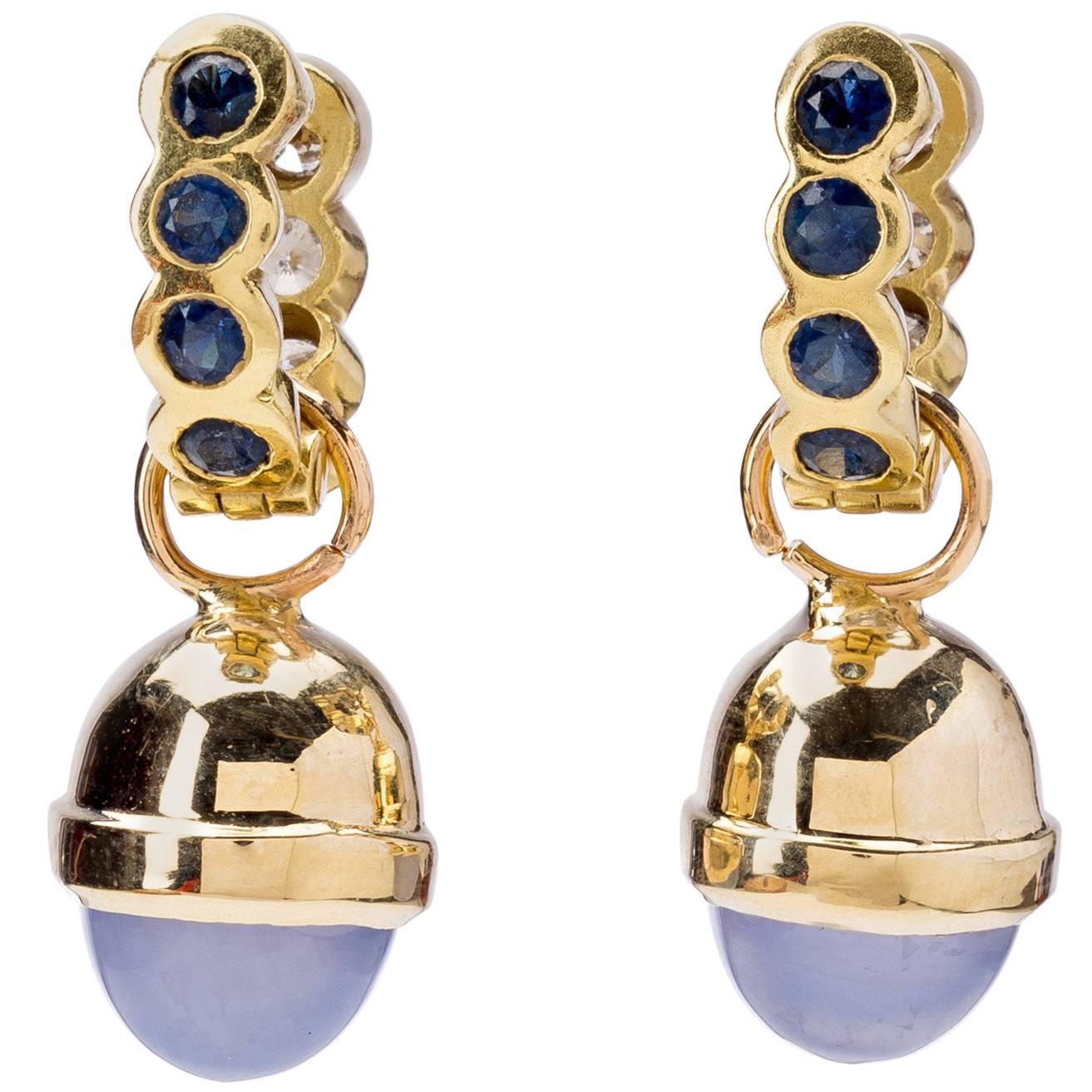 Chalcedony Drop with Sapphire Diamond Reversable Earrings